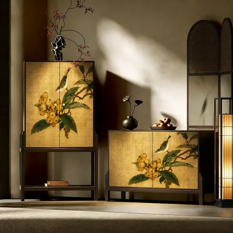 New Chinese Style Loquat Flower Bird Painting Solid Wood Porch Cabinet Side Table Living Room Storage Antique High Shelf Unit