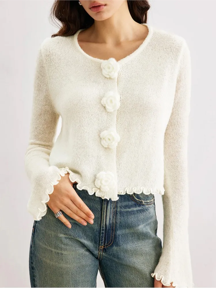 Осенне-зимний новый тонкий пуловер с деревянными ушками и трехмерным цветком, вязаный топ, женский элегантный свитер с круглым вырезом и длинными рукавами