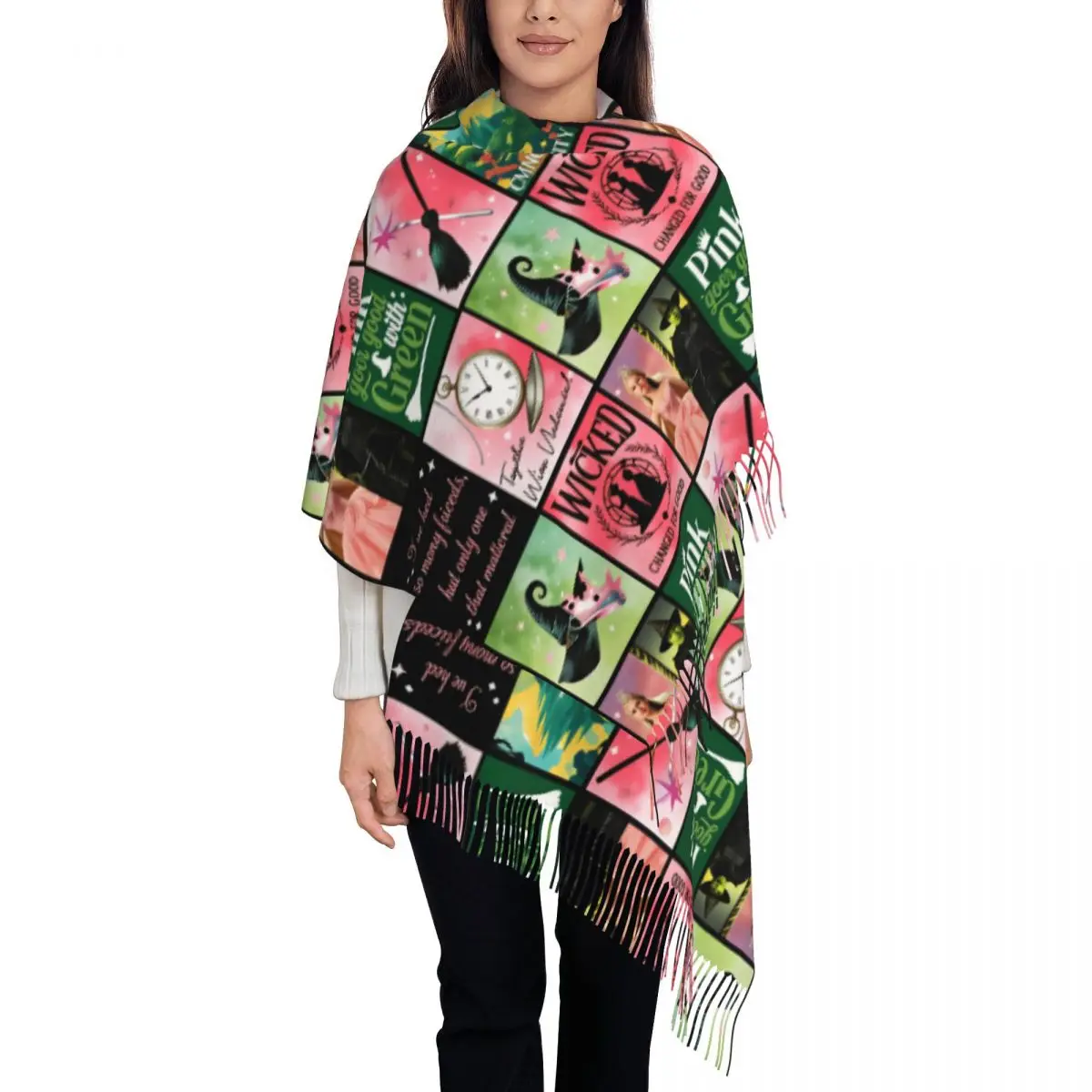 Womens Tassel Scarf Wicked For Good Large Winter Fall Shawl and Wrap Musical Movie Gifts Cashmere Scarf