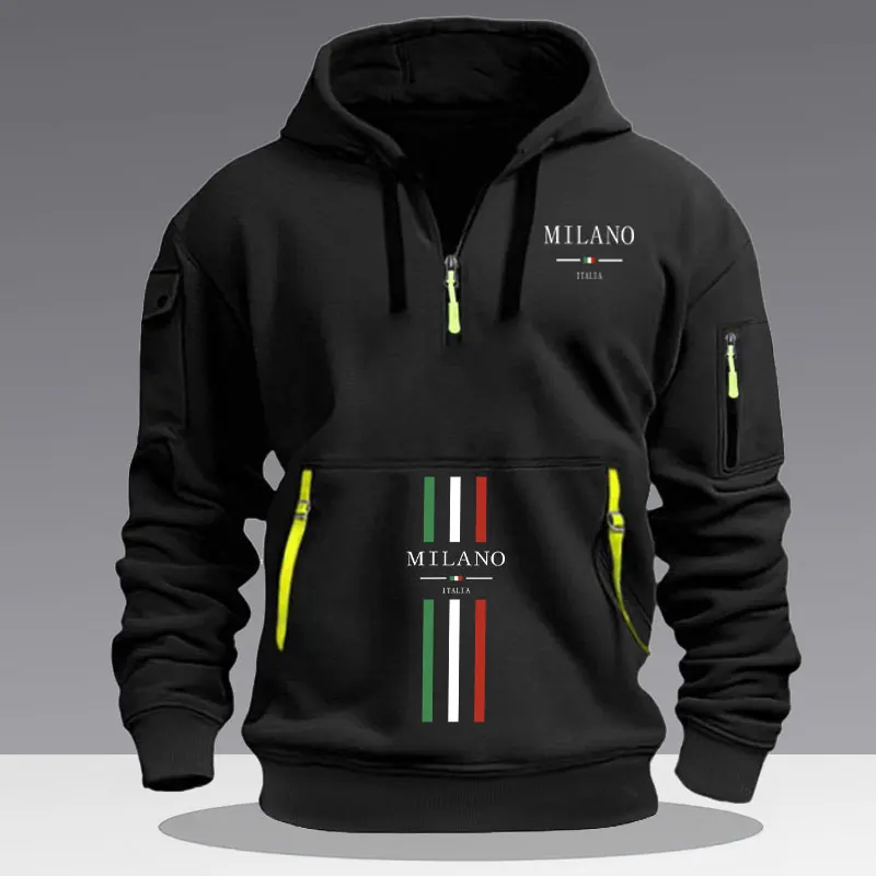 Men's casual sports hoodie spring and autumn fashion arm pocket pull rope hooded MILANO print loose long-sleeved blouse pullover