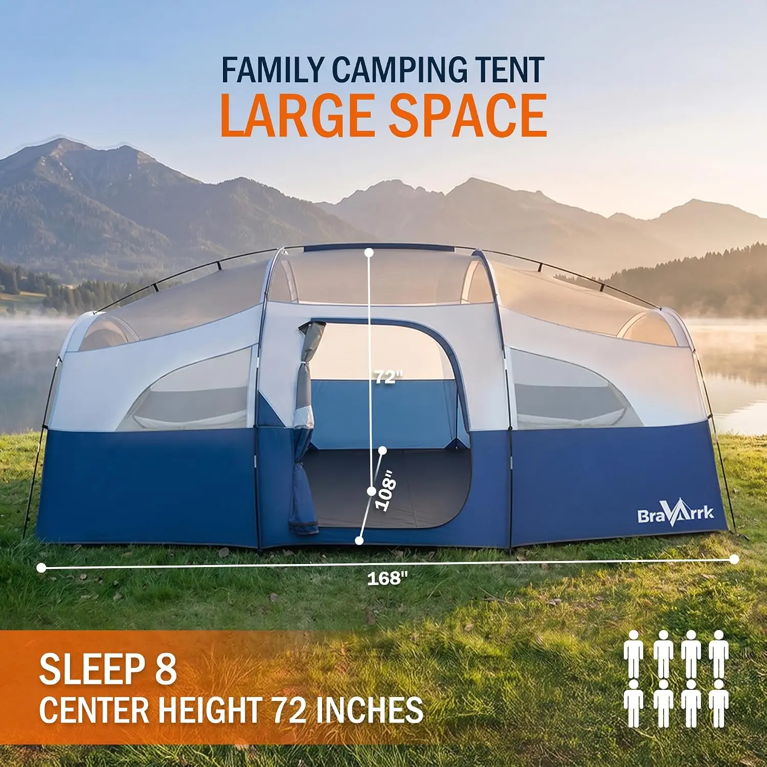 ^Camping Tent for 8 Person, 3 Room Family Tent with Rainfly