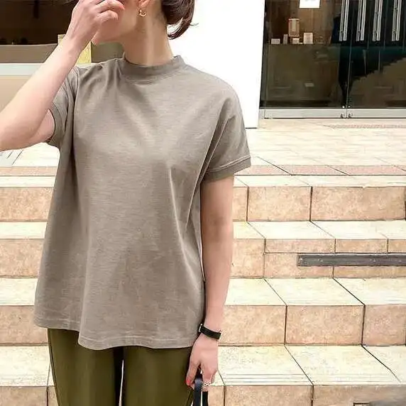

2025 Summer New Ins Letian Women's Loose Fitting Shoulder Sleeves Stand Up Collar T-shirt for Women