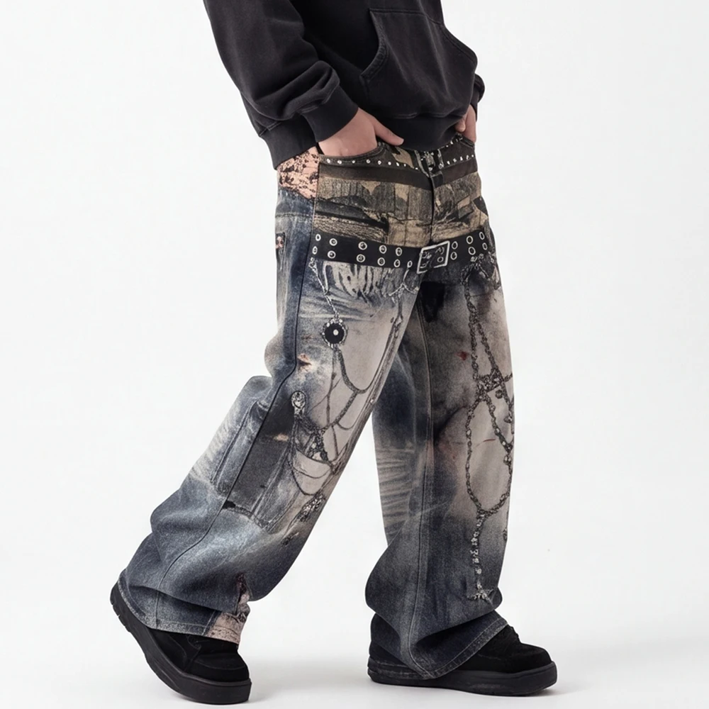 Men's Baggy Print Jeans Y2K Hip Hop Streetwear Belt Chain Painted Denim Pants Punk Designer Loose Fit Wide Leg Stacked Trousers