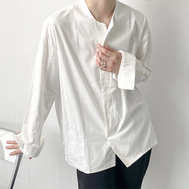 Men's Long-Sleeved Shirt Spring And Autumn New Collarless Commuting Simple Casual Loose Large Size Shirt