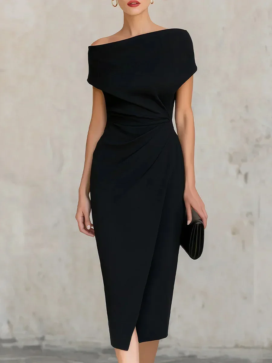 Damen Off-Shoulder Midi-Bleistiftkleid mit gedrehter Taille, Wickelrock und Schlitz am Saum, elegantes Business- und Abendkleid – Detail 3