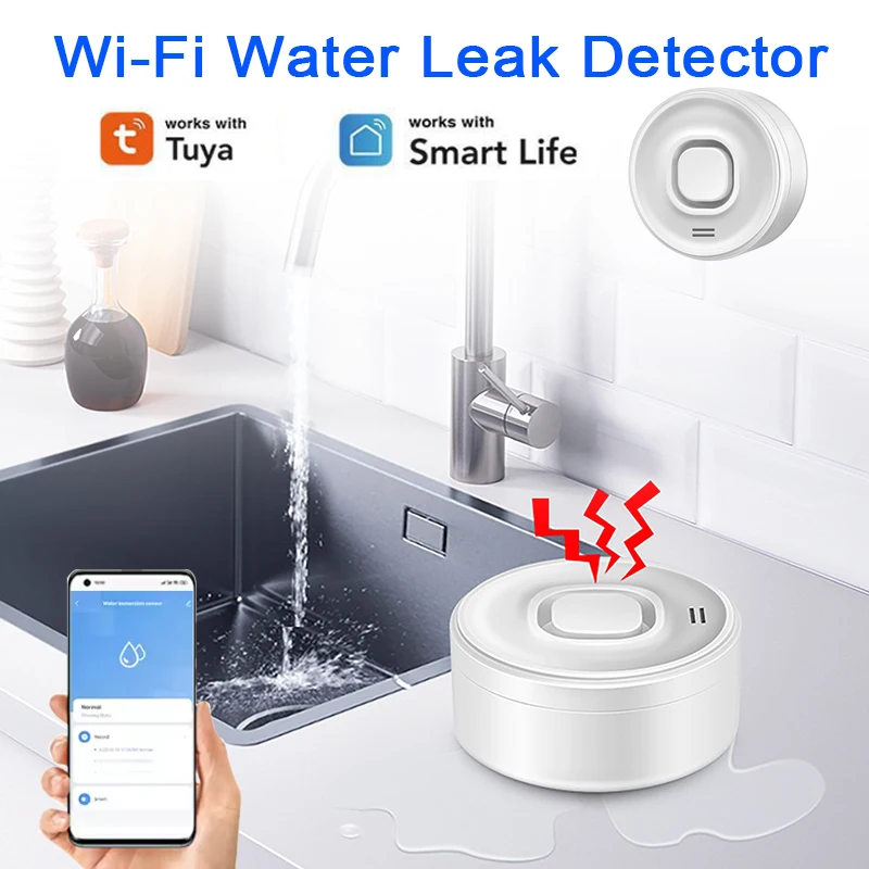 

Tuya Smart WIFI Water Leak Detector Easy Setup APP Control 100dB High-Volume Alarm Real-Time APP Alerts Wireless Stereo Sensor