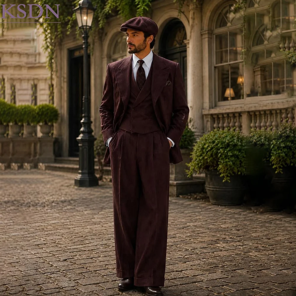Vintage Italian Cut Men's 3 Piece Suits Elegant Gentlemen Single Breasted Jacket Vest With Pleat Pants Formal Daily Party Sets