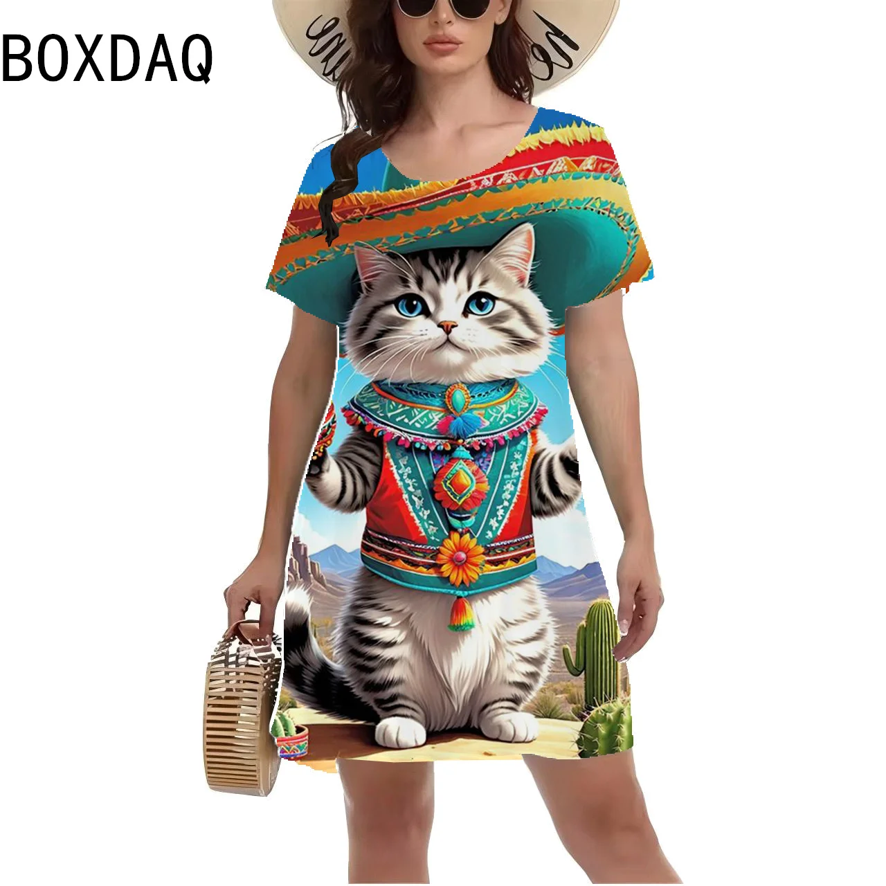 Women Short Sleeve O-Neck Casual A-Line Dress 3D Cartoon Cat Printed Mini Dress Beach Leisure Vacation Style Dress Sundress