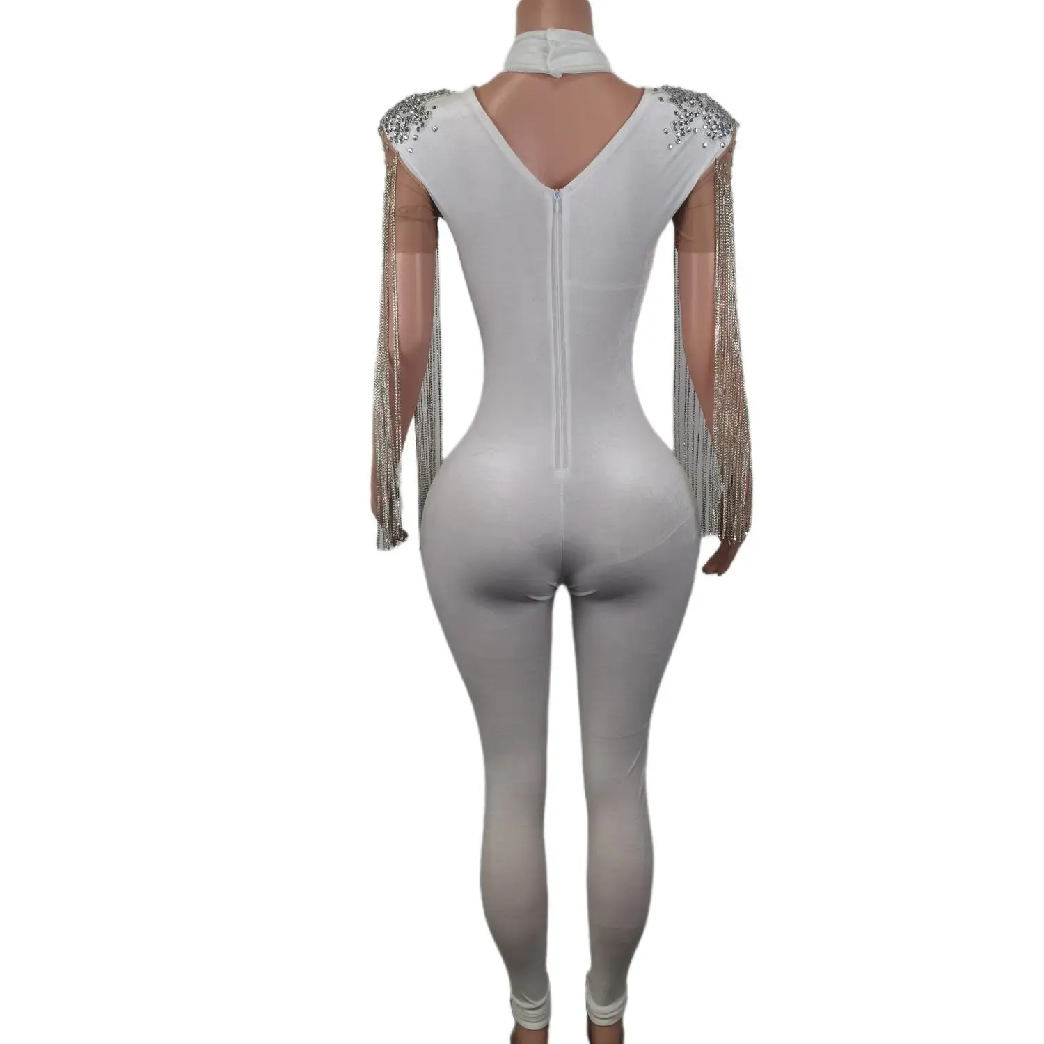 Cristais gola alta branco veludo macacão preto grils noite sexy correntes dança traje aniversário vestidos de festa à noite baivling