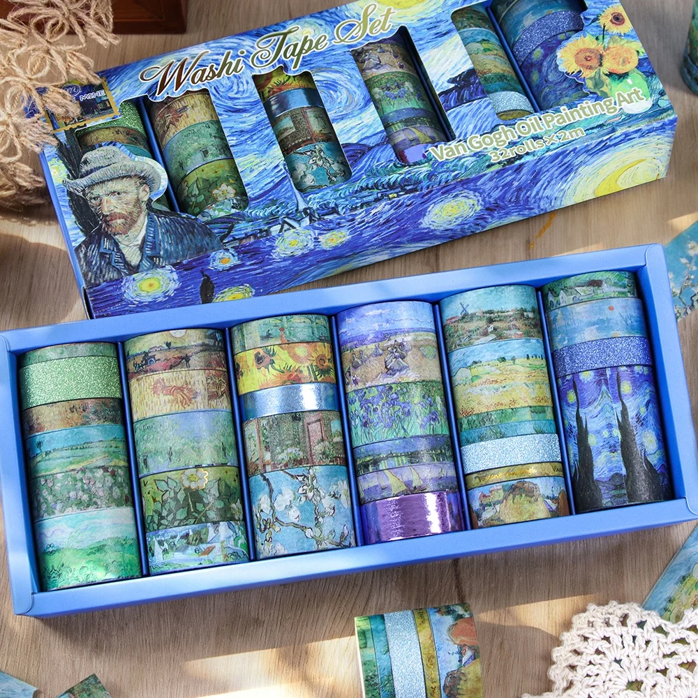 Oil Painting Art Washi Tape Set, Multi Size Decorative Masking Tape, 32 Rolls Per Box, 2m Per Roll, for Journal Scrapbooking