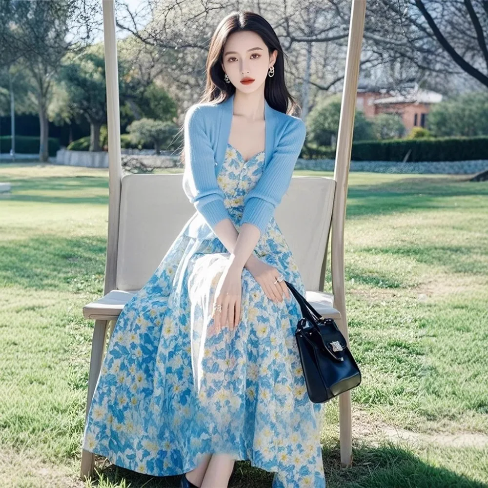 

Уникальный красивый синий вязаный топ и цветочный ter Dr Set Весенний сезон Ele Sle из Китая Комплект из двух предметов для женщин