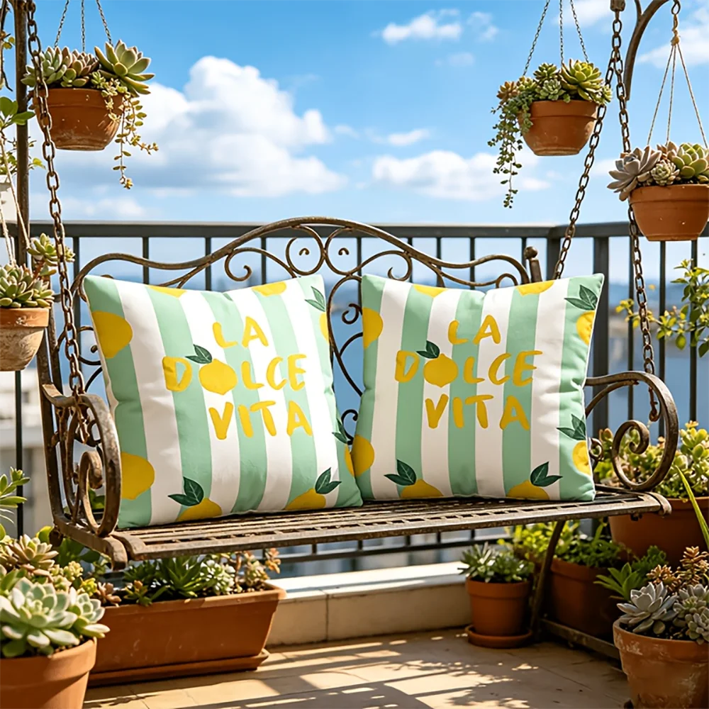2pcs La Dolce Vita Lemon Striped Outdoor Throw Pillow Covers Summer Decor for Patio Porch