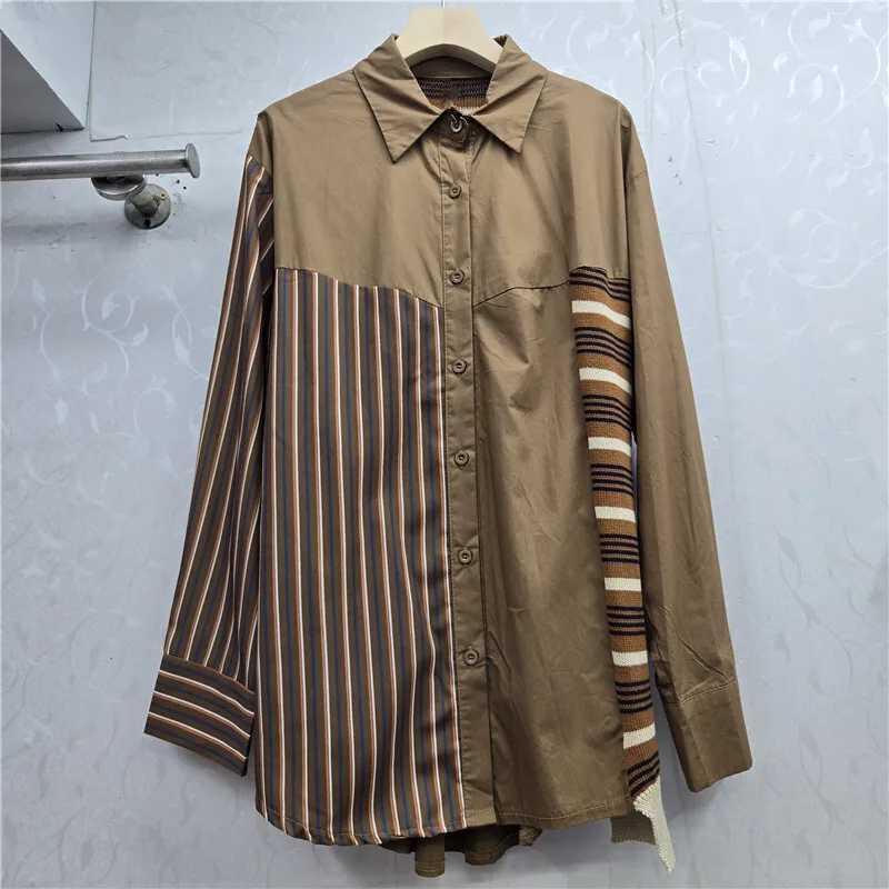 WTHT Nieuwe Trendy vrouwen Nep Tweedelige Gesplitst Gestreept Gebreid Shirt 2025, Herfst Mode Revers Lange Mouwen Blouse Vrouwelijke 1LS2540