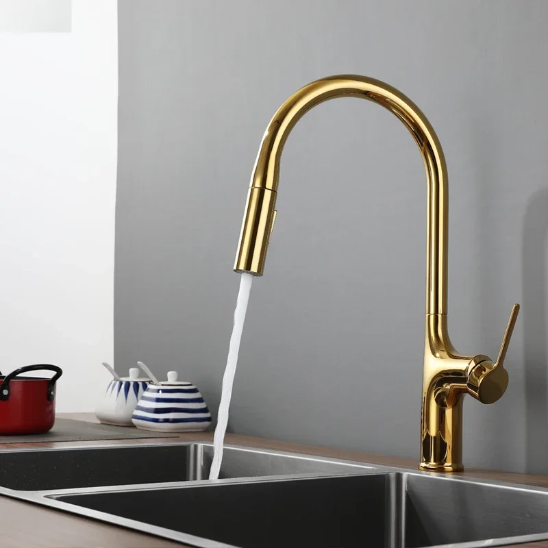 Gold Kitchen Faucets  Pull Out Rotation Waterfall Stream Sprayer Head Sink Mixer Brushed Nickle Water Tap