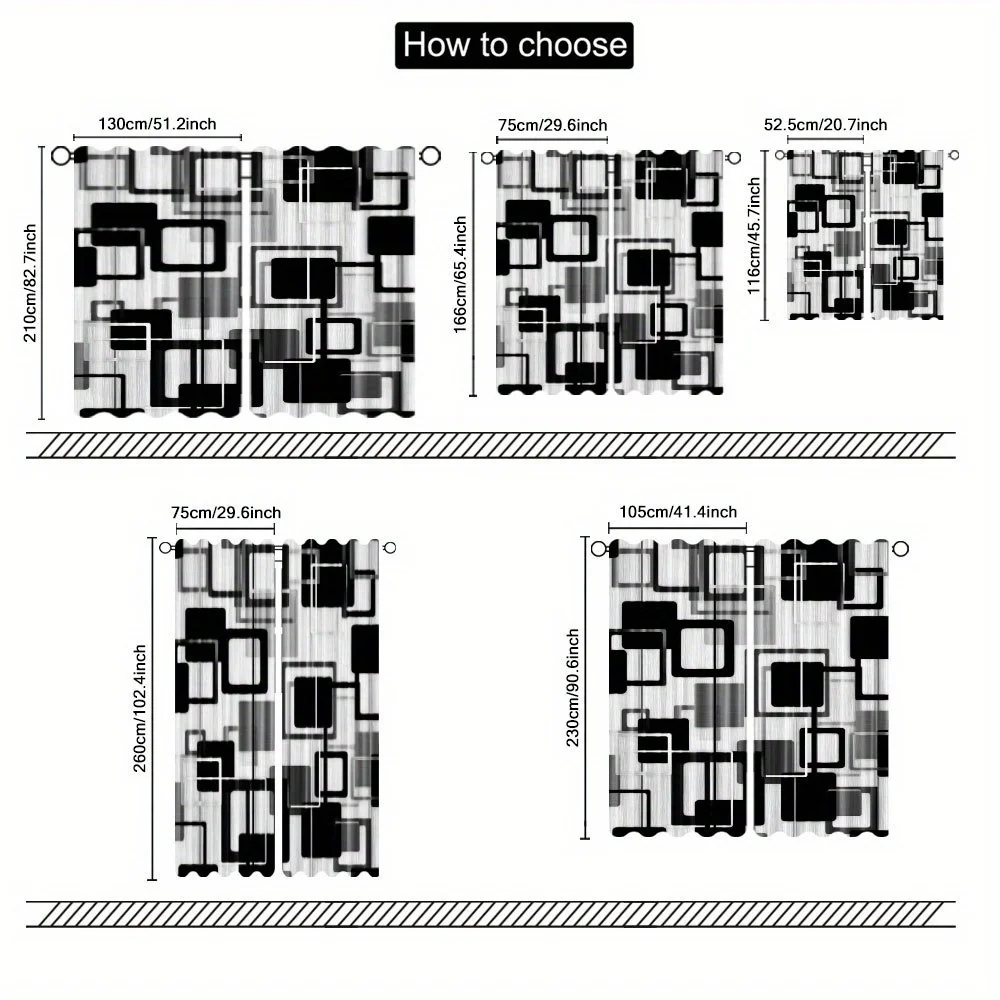 Monochrome Blur Square Geometric Curtain 2 Panels Multi Size Overlap Rectangle Textured Inn Room Curtain Neutral Art Bedroom