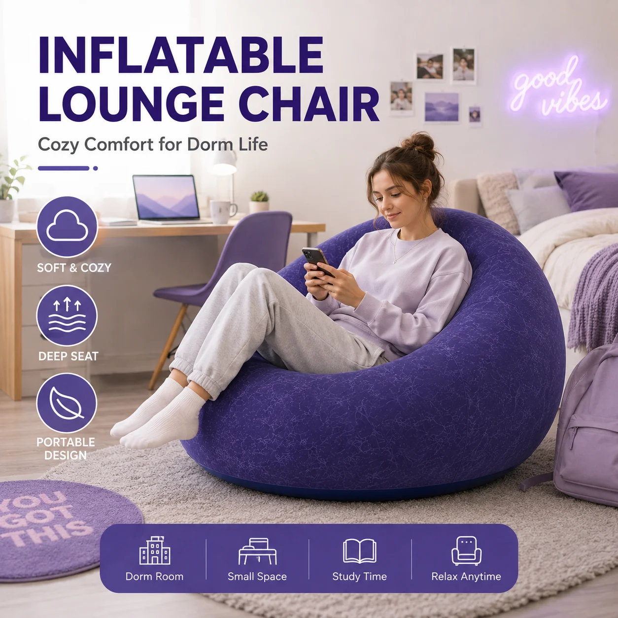Portable Inflatable Bean Bag Chair, Foldable Lazy Sofa for Adults, Soft & Comfortable Blow Up Lounge Chair with Quick Inflation Pump, Durable PVC Air Couch for Indoor Bedroom, Living Room, TV, Reading & Relaxation, Dual Color Options Available