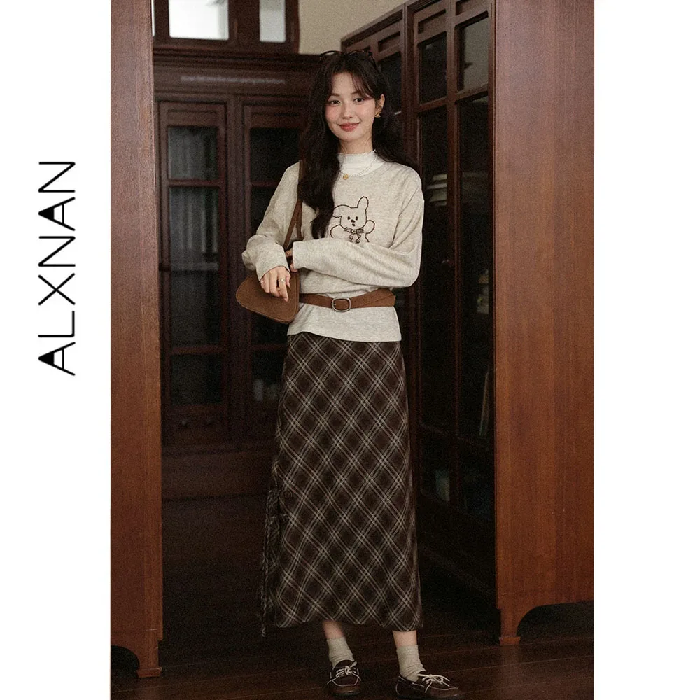 ALXNAN Brown Plaid Skirt Women Vintage Elegant Chic Buttoned Slit Long Skirts 2026 Autumn Fashion Casual Female Clothing L57033