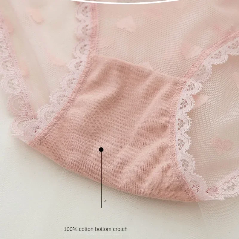 4pcs Mid-Waist Japanese Sweet Panties Feminine Lace Bow Love Mesh Cotton Crotch Briefs Women\'s Mesh Cotton Crotch Panties