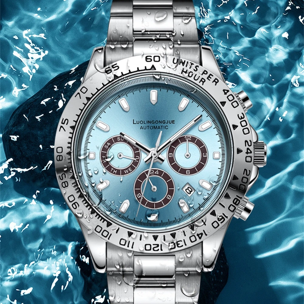 

2025 Новые водонепроницаемые роскошные спортивные автоматические часы, классические простые механические стальные часы с метеоритовым циферблатом, мужские часы