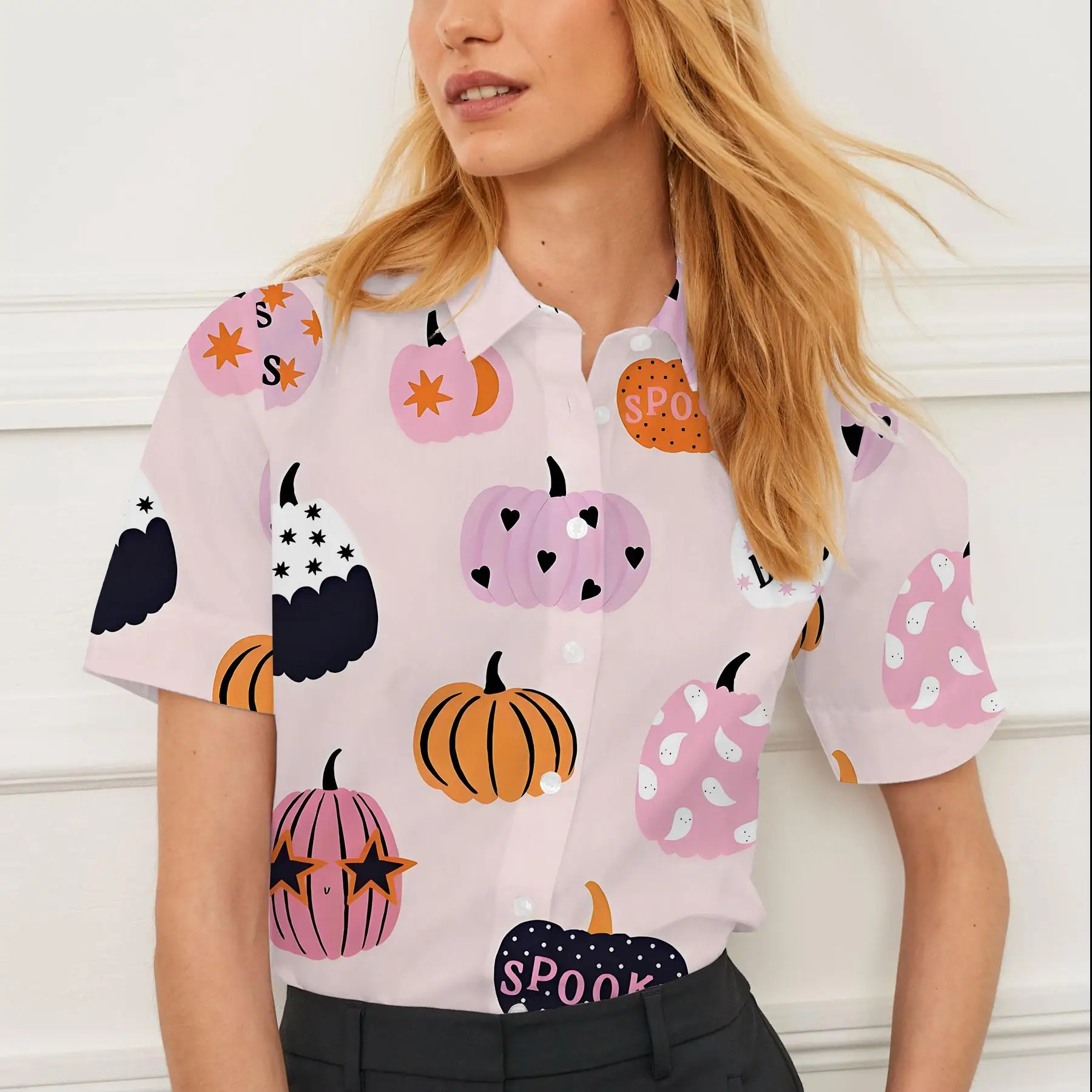 Summer shirt short sleeves for women Christmas pumpkin pattern design breathable suitable for daily or formal wear stylish