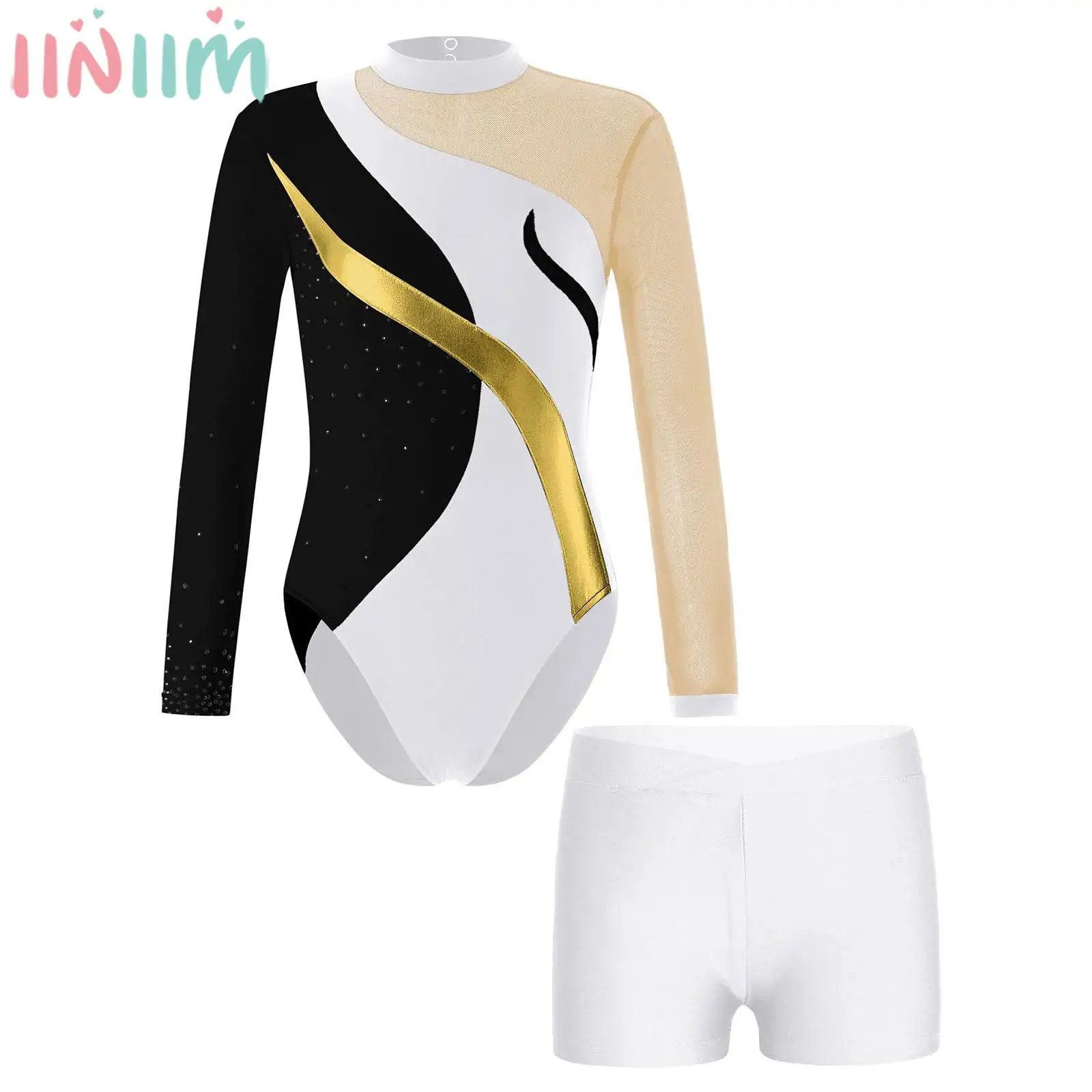 

Teen Girl Long Sleeve Figure Skating Bodysuit with Shorts Ballet Dance Gymnastics Acrobatics Leotard Stage Performance Dancewear