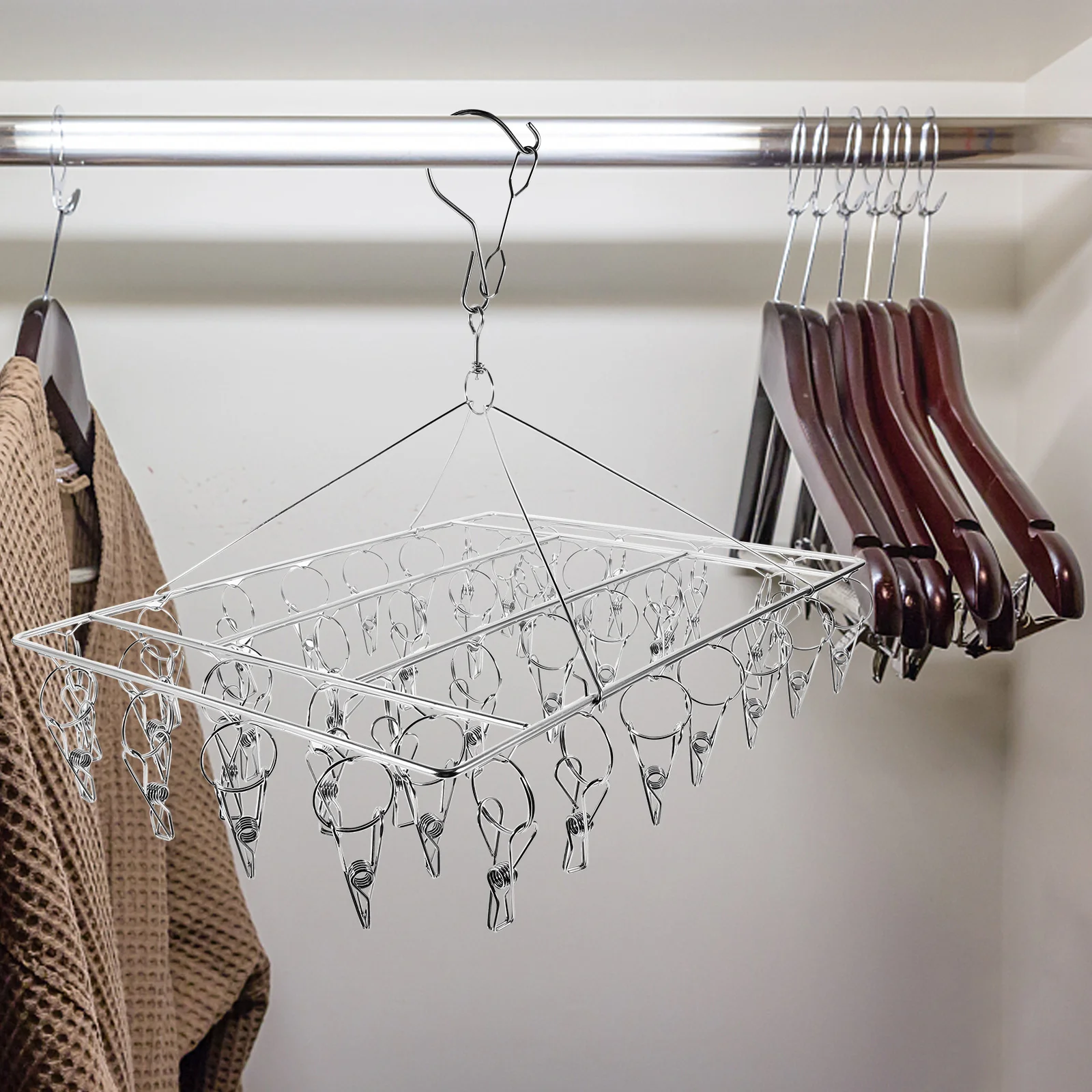 

40 Clips Stainless Steel Clothes Drying Rack Socks Hanger Windproof Laundry Hanging Balcony Silver Storage Saving