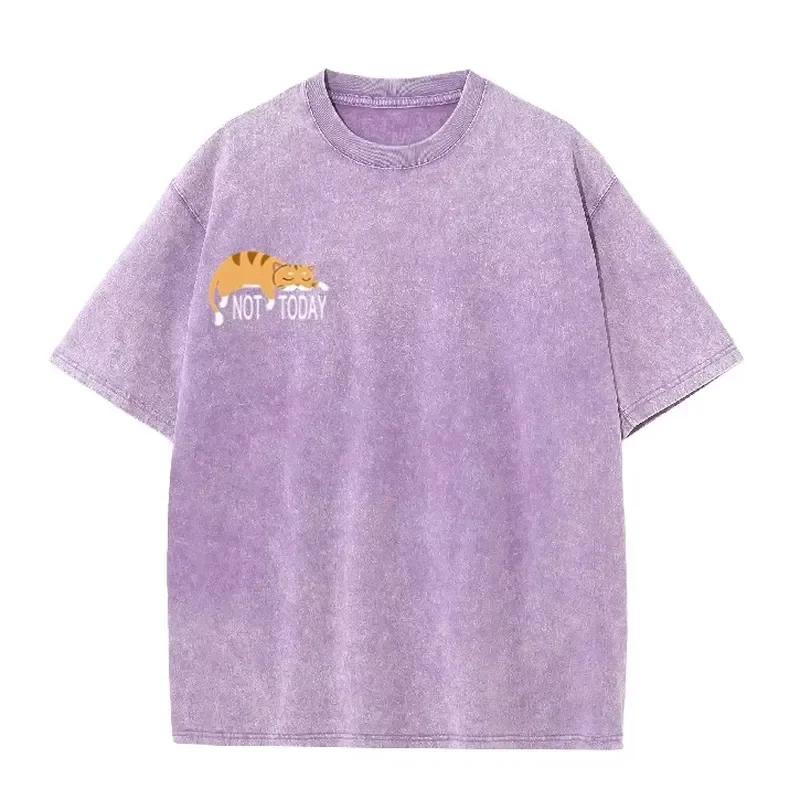 2026 Vintage washed t-shirt featuring a playful lazy cat print with sleeping feline graphic design, oversized relaxed fit,