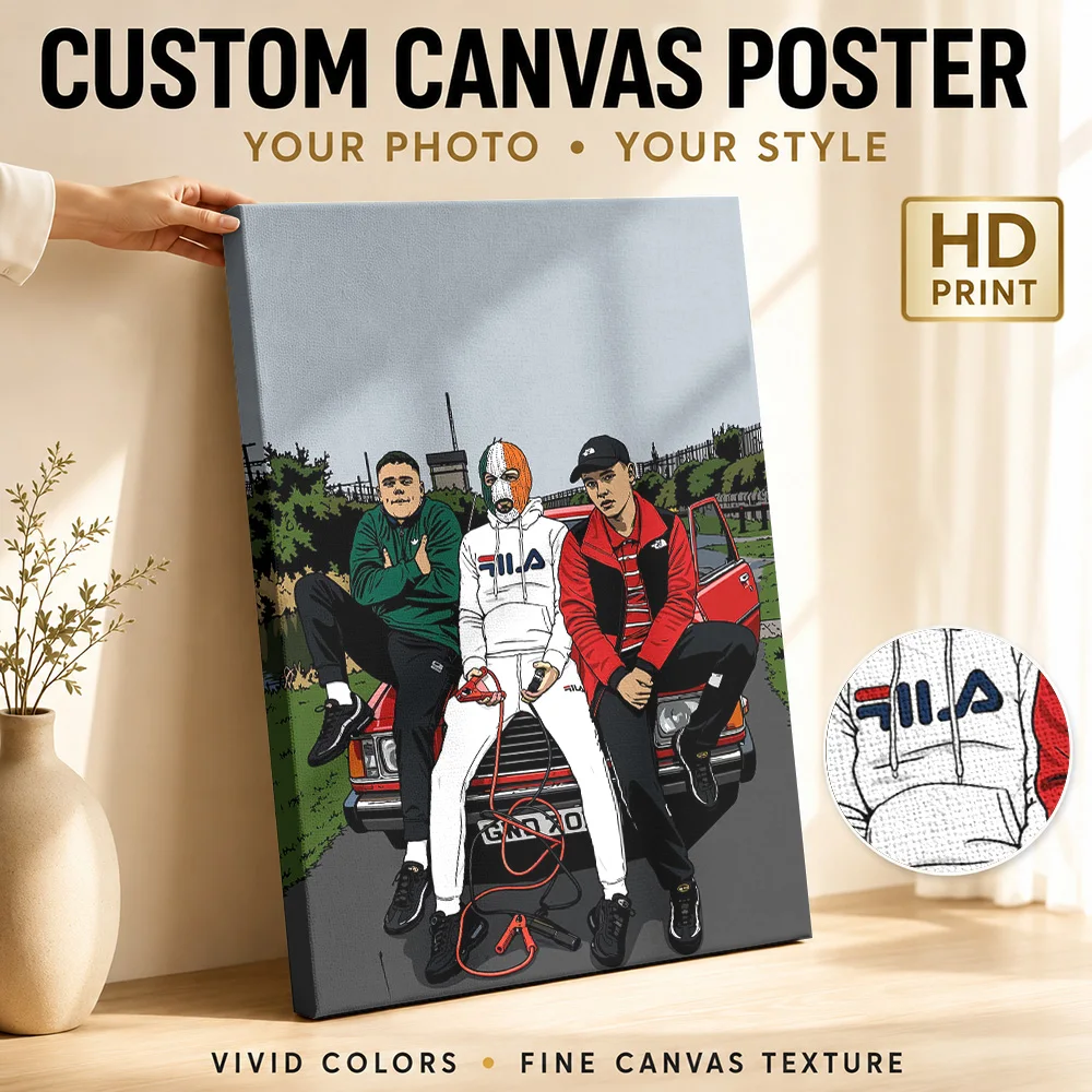 Three Men Beside Car With Jump Ropes Canvas Poster Personalized Photo Linework And Shading Wall Art For Entryway Birthday Gift