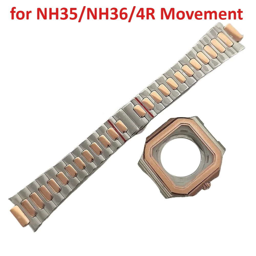 

42MM Square Rose Silver Watch Case for NH35/NH36/4R Movement Sapphire Glass+Central Link Bracelet for 29.5mm Dial Watch Parts