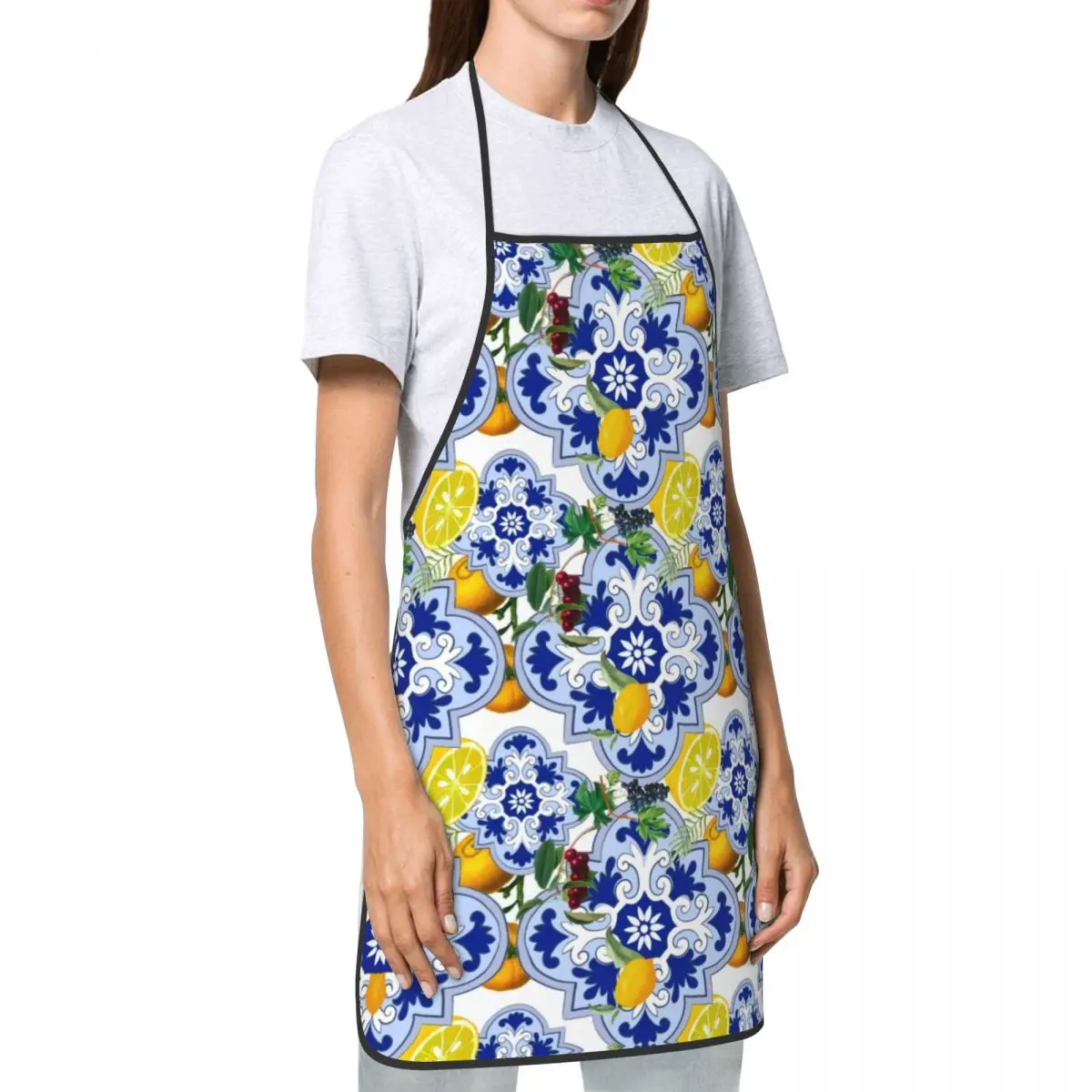 Custom Unisex Sicilian Summer Fruit Lemon Citrus Tiles Kitchen Chef Cooking Baking Apron Men Women Tablier Cuisine for Painting