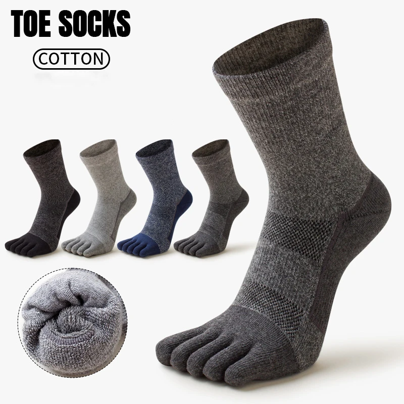 5-paia-di-calzini-sportivi-da-uomo-per-l'inverno-con-cinque-dita-100-cotone-assorbenti-tinta-unita-spessi-caldi-per-attivita-all'aperto-calzini-a-tubo-con-separazione-delle-dita