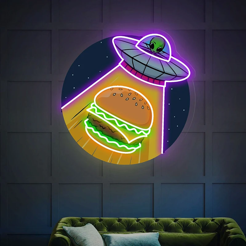 Astronaut Neon Teken Hamburger Neon Borden Ufo Alien Neon Uv Afdrukken Acryl Kunst Slaapkamer Muur Decor Woonkamer Decoratie Led