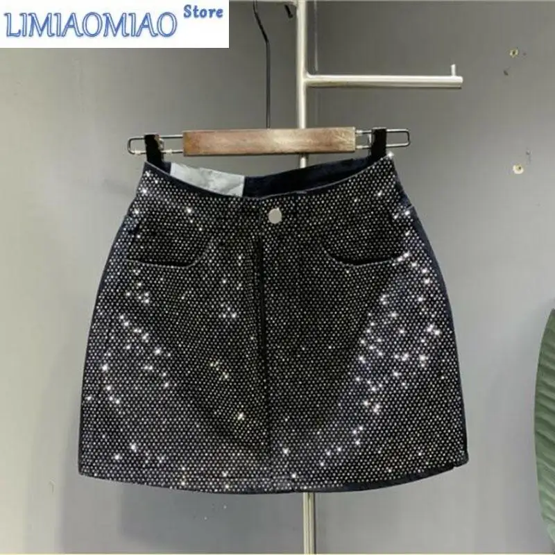 Heavy Industry Hot Drilling High-End Denim Skirt Spring And Summer High Waist Pink Sexy A-Word Skirt