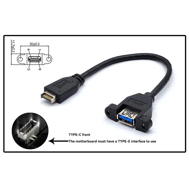 Top-USB 3.2 Gen2 Front Panel Screw Mount Extension Cable 10Gbps 20Pin TYPE-E To USB3.2 TYPE-A Female Connector Extensor