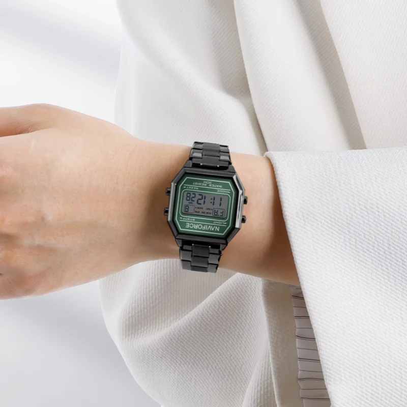 NAVIFORCE 5063S Reloj electrónico de moda para mujer Calendario simple Correa de acero resistente al agua Relojes digitales deportivos casuales para mujer