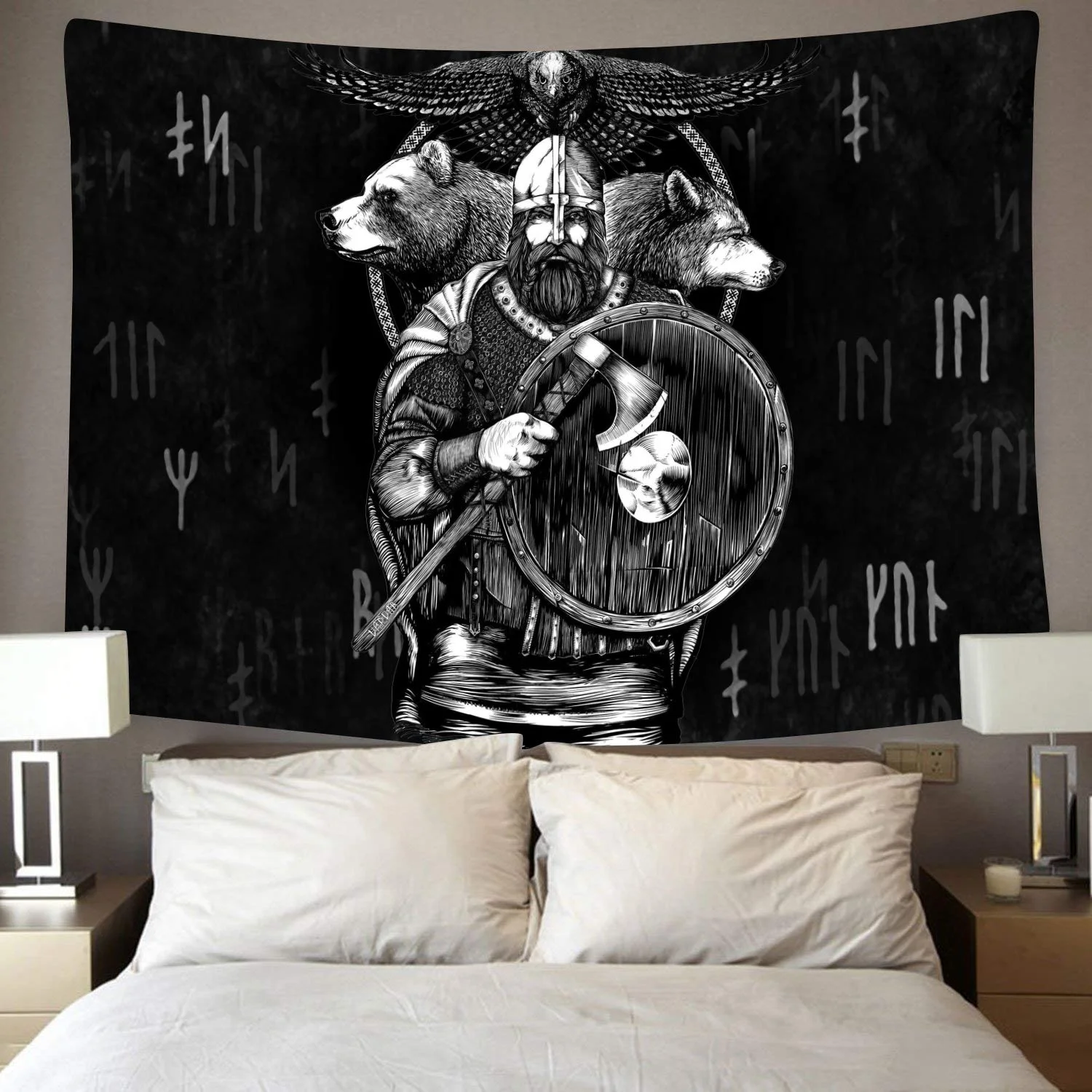 

VIKAMA Norse Viking Wall Hanging Tapestry Room Decor Aesthetic Odin Warrior Sword Axe Raven Tapestrys Party Backdrop Tapries