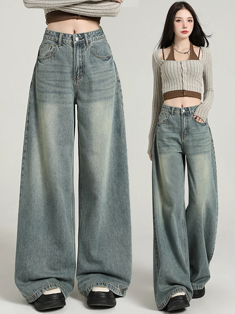 

High Waist Wide Leg Jeans Women's Spring Autumn Lazy Style Loose Fit Floor Length Straight Cut Jeans Cotton Polyester Blend