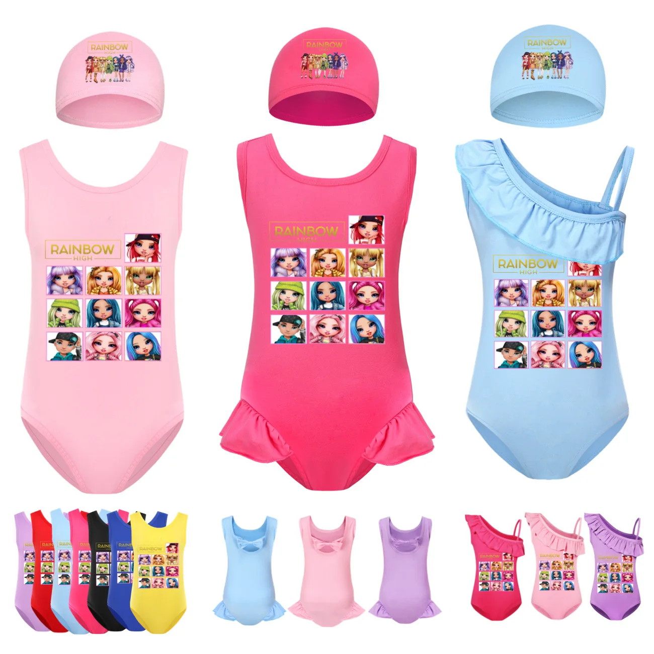 Rainbow High Clothes Kids 2024 Summer Swimwear Baby Girls One Piece Beach Wear with Cap 2pcs Sets Children Sleeveless Swimming