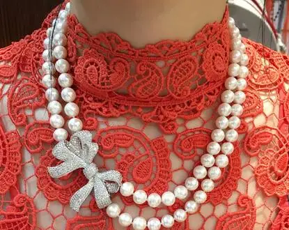 Handmade high-end natural freshwater 8-9mm white pearl micro inlay zircon stereo bowknot luxury short necklace fashion jewelry