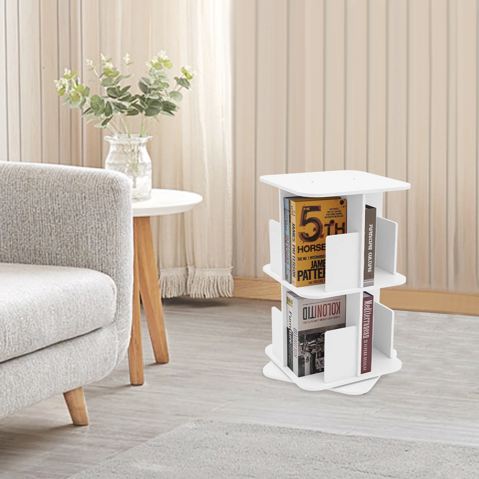 

2-Tier Rotatable Bookshelf With Gloves Sandpaper & Table Mat Free Standing 360° Rotating Design Good Stability White