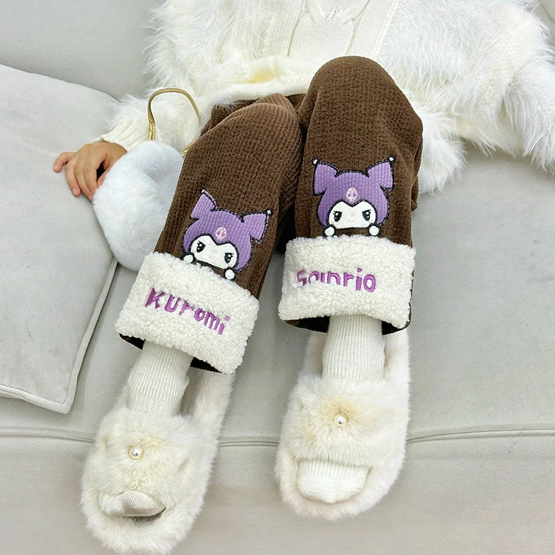 Sanrio Winter Kulomi Cute Warm Children's Trousers Cartoon Versatile Thickened Integrated Fleece Casual Straight Pants