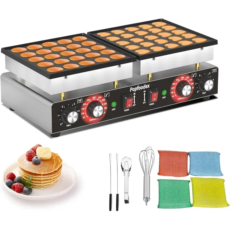 110V Mini Pancake Maker 50PCS Commercial Dutch Pancake Griddle w Non-Stick Coating Pancakes Maker Machine With 2 Thermostats