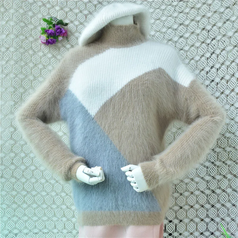 Women Fashion Colored Soft Hairy Angora Rabbit Hair Knitted Mock Neck Loose Sweater Mink Fur Striped Jumper Pull Jersey Tops