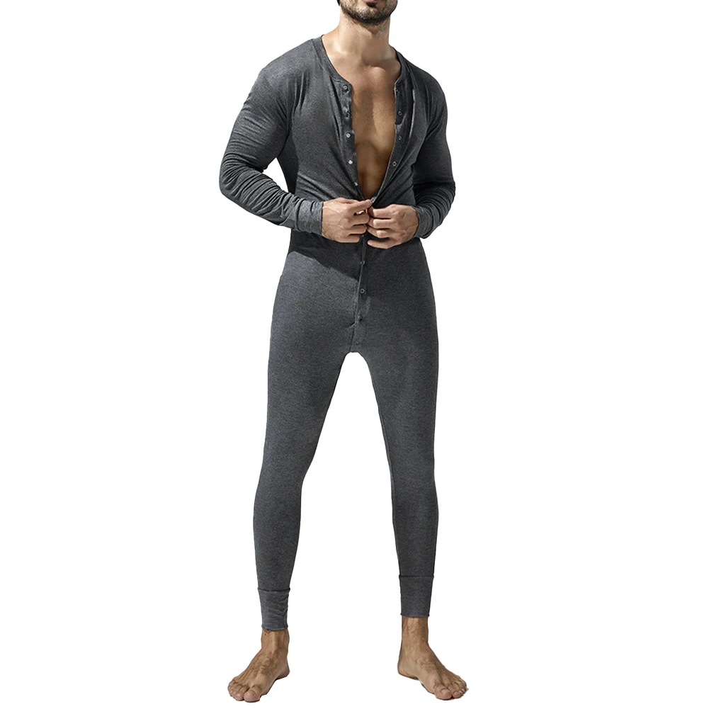 Mens Jumpsuit Romper Pajamas Button Down Bodysuit Long Sleeve Bodycon Sleepwear