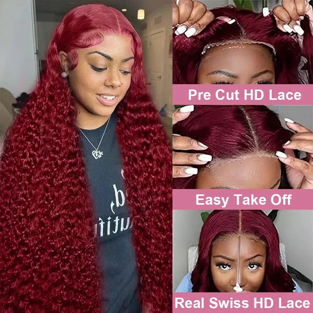 100%人毛ディープウェーブ99Jバーガンディ13x4レースフロントウィッグ13x6カーリー38インチHDレースフロントウィッグレッドウォーター縮れ毛ブラジリアン