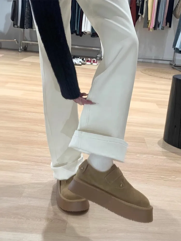 Thickened Fleece White Jeans Women's Autumn Winter New Large Size Loose Straight Leg Long Pants High Waist Micro Stretch