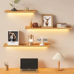 Solid Wood Illuminated Storage Rack Wall-Mounted Living Room Bookshelf Bedroom Doll Display Shelf Suspended Partition Organizer