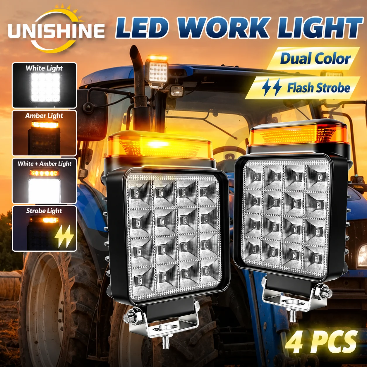 UNISHINE 16LED, lampada da lavoro a doppia funzione per uso fuoristrada, luce bianca a fascio ampio + lampada di segnalazione lampeggiante ambra, diverse modalità, per escavatore Komatsu PC200, Volvo,