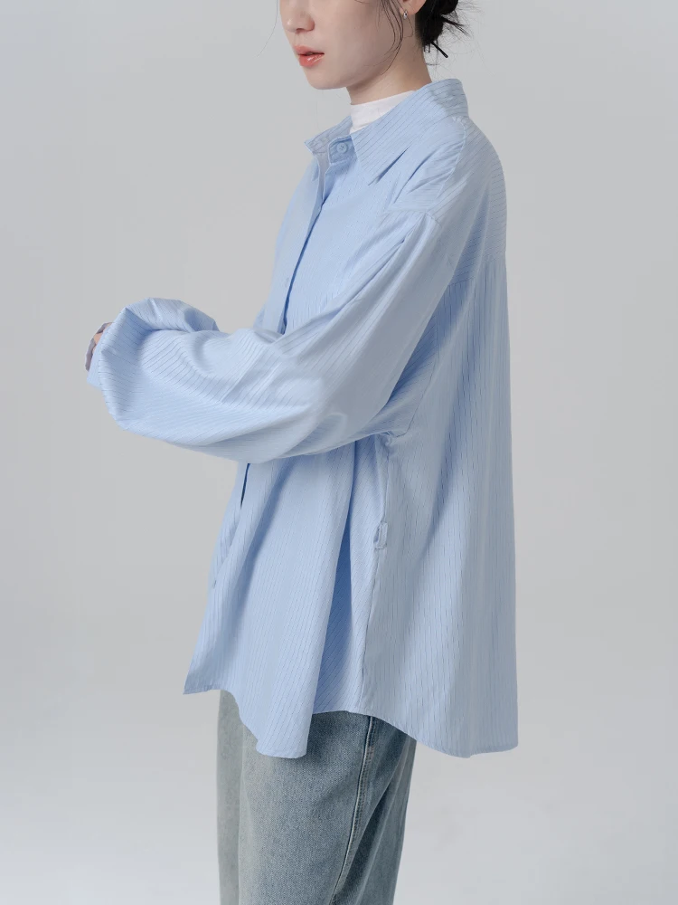 

QUEENOP Lacy Straight Stripe Pleated Belted irt Blue Spring Summer Women's Faion Commute Sle Loose Fit Long Sve