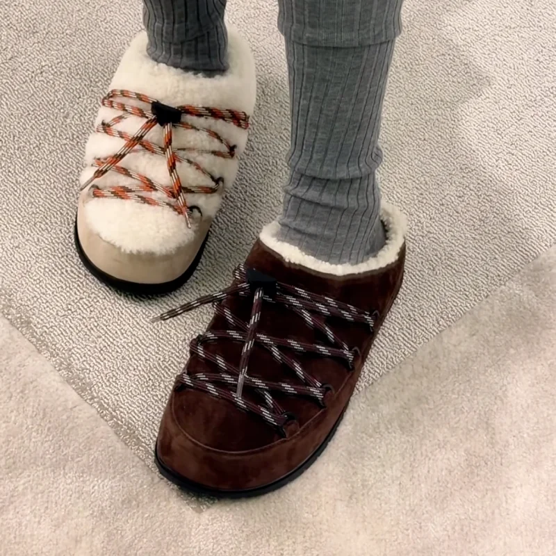 fall shoes for women 2026 retro in winter shoes women Tieup lamb fur half toop slippers for women Warm and versatile